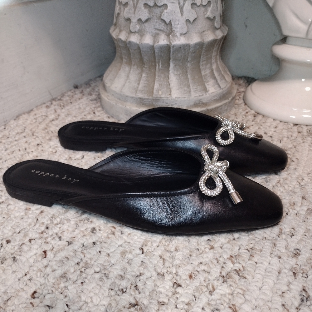 Copper Key Glimmer Black Leather Slip-On Mules with Rhinestone Bow Accent - Picture 8 of 8